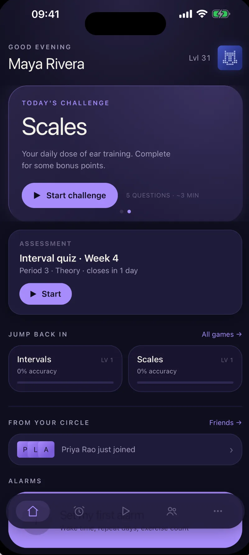 Aubel personal practice dashboard on iPhone in dark mode