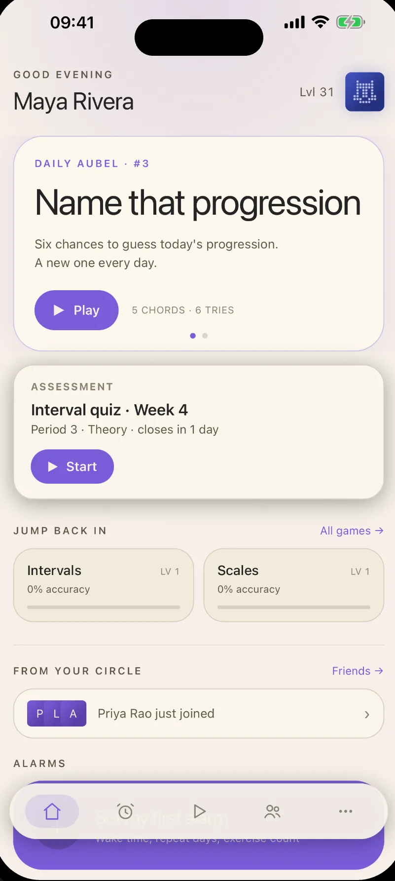 Aubel personal practice dashboard on iPhone